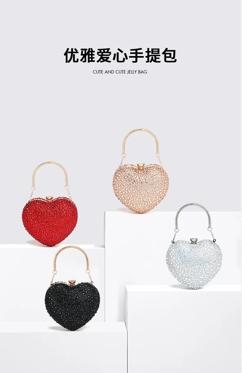 Luxury Diamond Inlay Heart Shape Crystal Clutch Purse Stones Evening Wedding Party Shoulder Bag Handle Rhinestone Mini Handbags