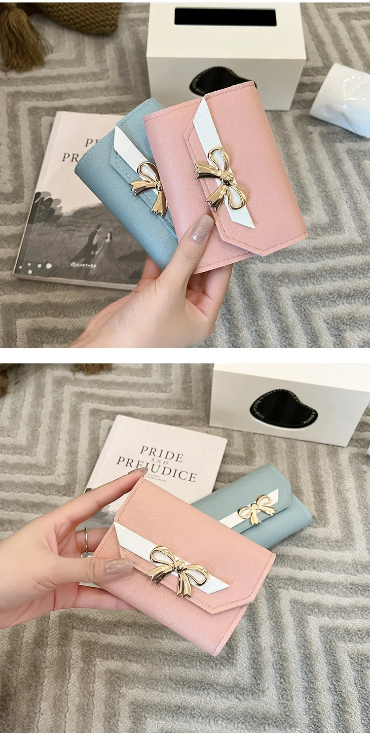 Women Wallet Foldable Portable Ladies Short Coin Purses Fashion Cute Bow Clutch Bag PU Leather Quality Female Card Holder Purse