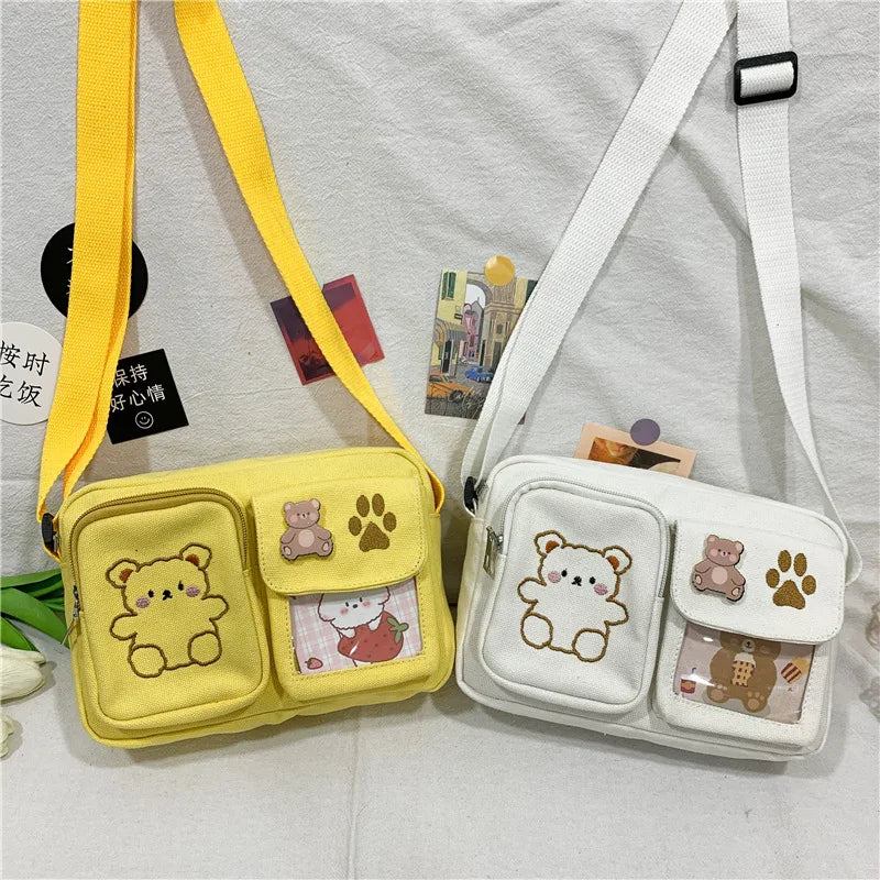 Canvas Small Bag Japanese ins Women Shoulder Bag Cute Funny Personality Embroidery Bear Girl Student Transparent Messenger Bag