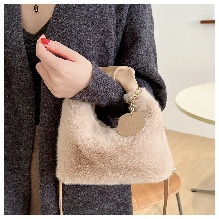 New Fashion Women Lady Shoulder Underarm Bag Solid Color Soft Plush Handbag Fluffy Totes Purse Autumn Winter Shopping Bag