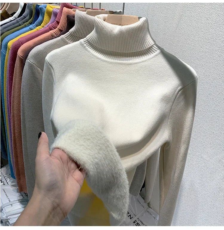 Fleece-lined Thickened High Collar Sweater For Women Autumn/winter Stylish Knit Warm Top Trendy Fleece-lined Base Layer Top