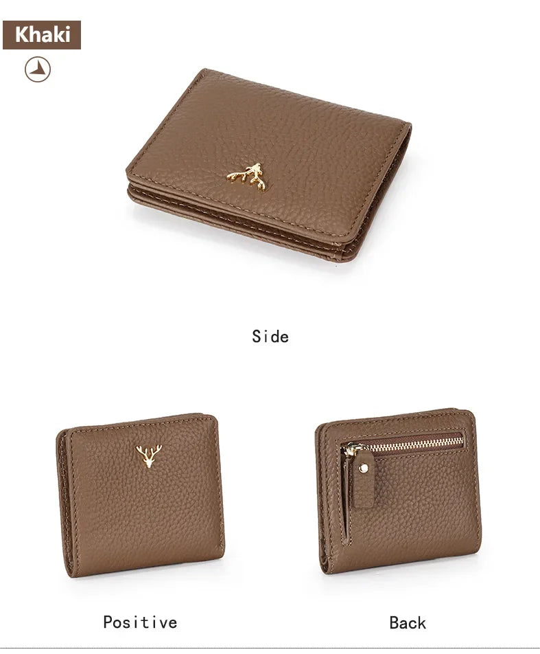 Cowhide Women's Purses Short Thin Small Wallet Chic Christmas Deer Button Ladies Genuine Leather Card Holder Wallet Coin Purse