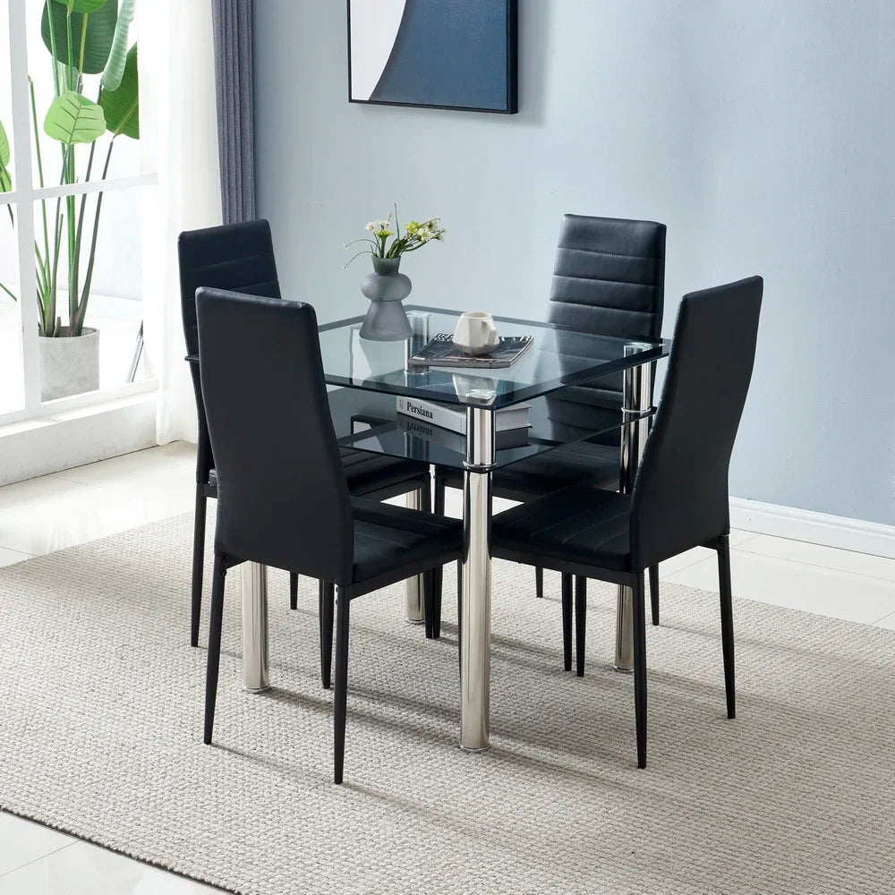 Dining Table Chairs Set Include 1 2-Layer Square Tempered Glass Dining Table + 4 Elegant High Backrest Dining Chairs Black