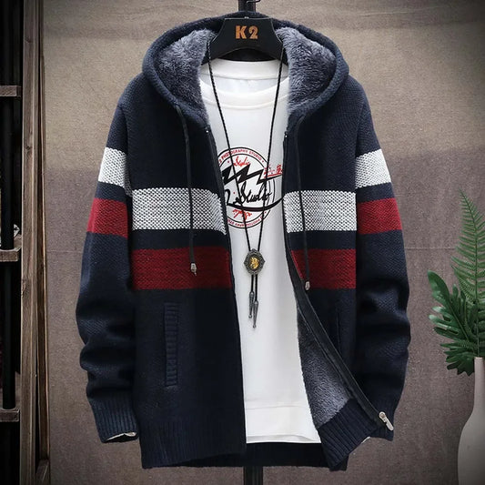 Customized Striped Mens Sweater Coat Thick Fleece Warm Zipper Wool Hooded Cardigan Jumpers Men Long Sleeve Knitted Sweaters