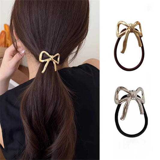 New Sweet Hair Tie Alloy Bow Pendant Elastic Hair Band Ponytail Holder Women Hair Accessories Rubber Bands