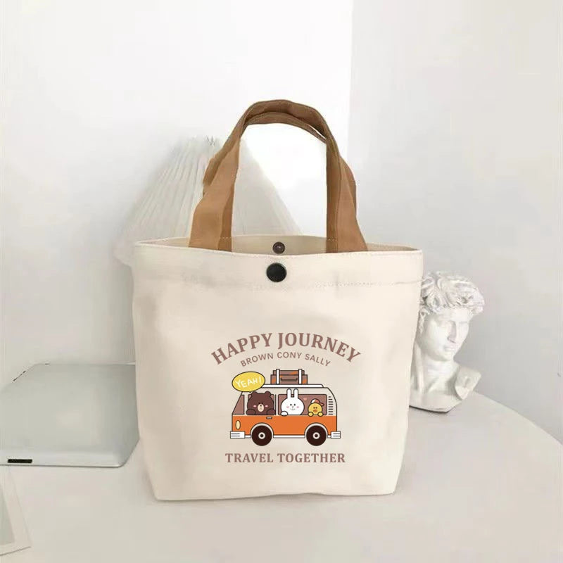 Small Versatile Handbag Cute Bear Mini Canvas Bag Female Student Lunch Box Bag Simple Tote Bag Office Worker Lunch Bag New