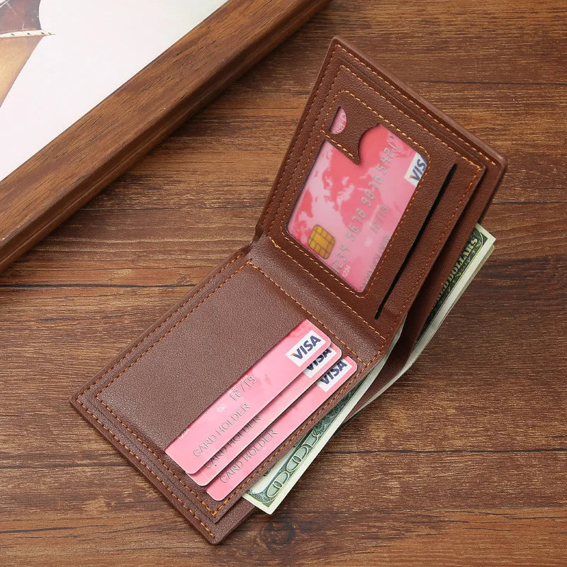 Lychee Texture PU Leather Men's Wallet Short Cash Purse Multi Card Slot Patchwork Card Holder Photo Holder Horizontal Money Clip