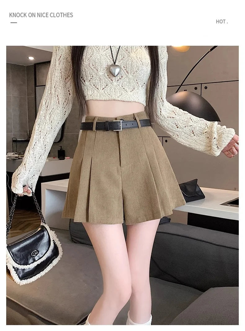 Corduroy Velvet Women Shorts Autumn Winter High Waist Slim Flared Trousers Fashionable Temperament A- crotch Boots