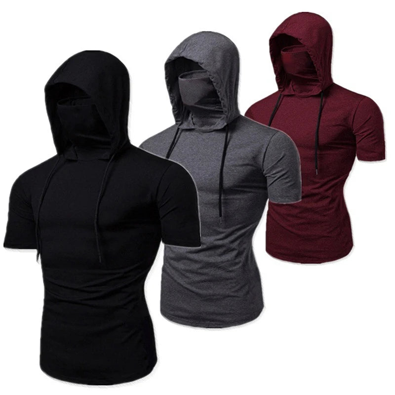 Sweat à capuche fin à manches courtes pour homme avec masque Sweat-shirt décontracté à épissure Grand masque Sweat-shirt à capuche Hauts à capuche Cyclisme