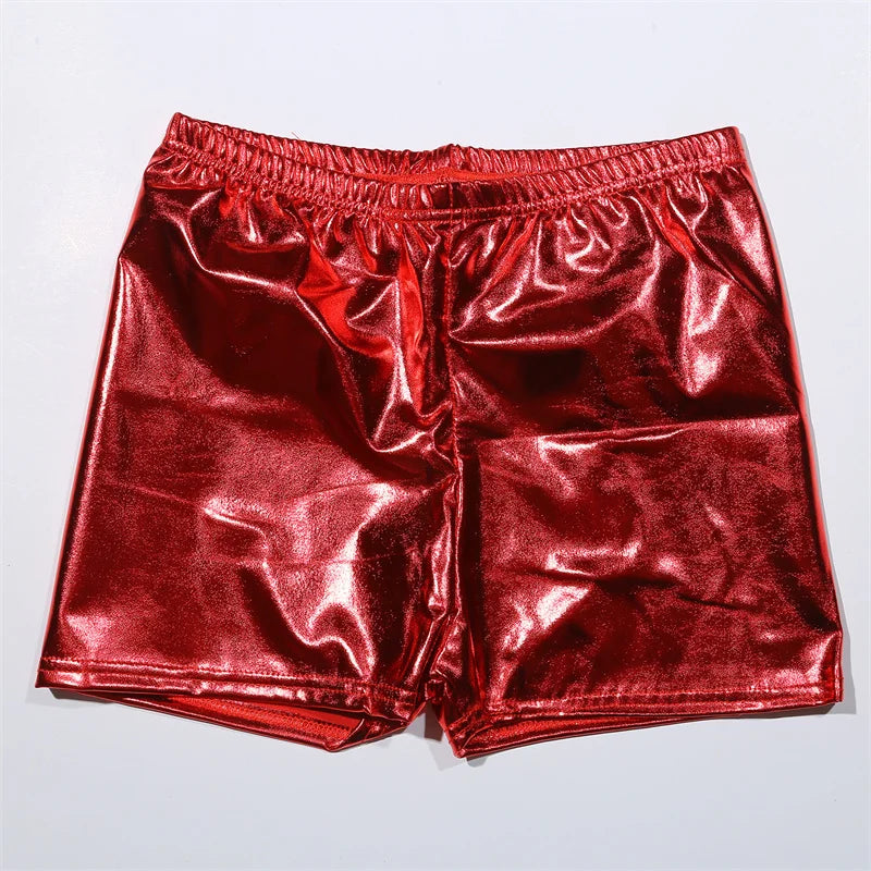 Women Silver Metallic Yoga Shorts Rave Booty Shorts Mid Waist Cheer Shorts PU Shiny Yoga Shorts Femme