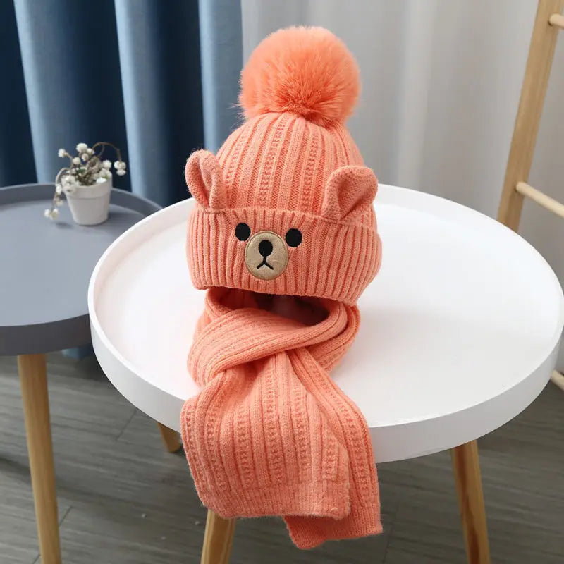 Children Hat and Scarf Set Baby Knitted Hat with Velvet for Warmth Winter Hats for Girl Cute Baby Caps for Boys Шапка Детская