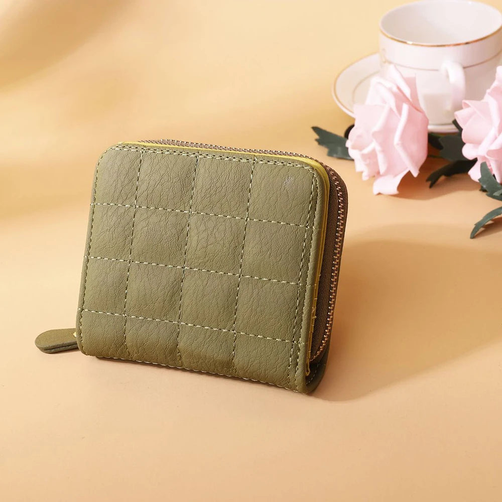 Leisure Flodable Short Wallets Coin Card Holder Women‘s PU Leather Plaid Zipper Coin Money Purses ID Credit Card Holder Wallet