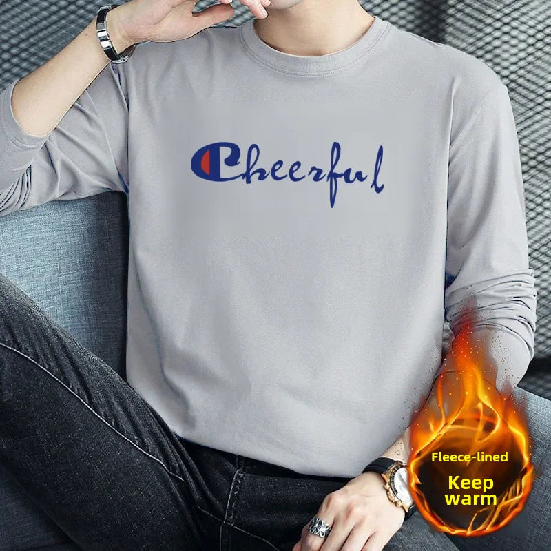 Men's Long Sleeve Fleece-lined T-shirt Winter Stylish Printing Versatile Single Item Jacket Sweatshirt Base Layer Quality