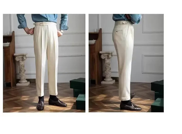 Spring Autumn White Men's Trousers Business Casual Cropped Pants Paris Button Trendy Italian Style