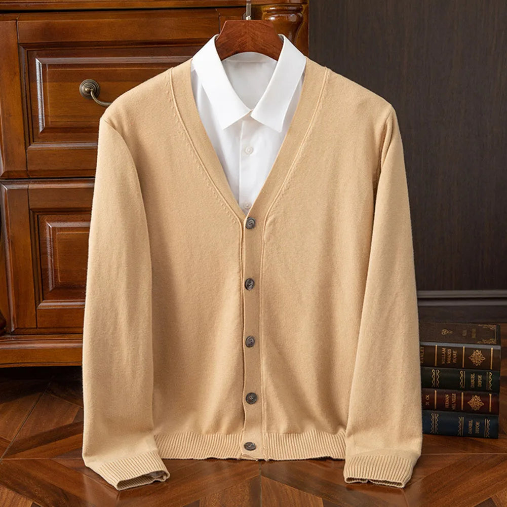 Fashion Men's Classic Solid Color Knit V-Neck Cardigan Sweater Soft Baggy High End Cardigans Sweaters Coat Man Clothing