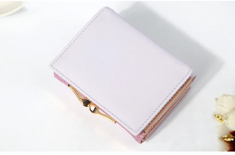 Metal Buckle Ladies Bright Leather Fashion Purse,Women's Short Wallet, Small Shiny Leather Three Fold Leather Wallet Billfold