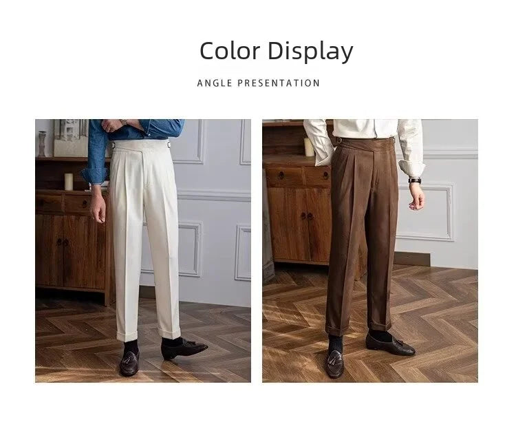 Spring Autumn White Men's Trousers Business Casual Cropped Pants Paris Button Trendy Italian Style