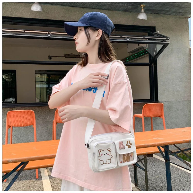 Canvas Small Bag Japanese ins Women Shoulder Bag Cute Funny Personality Embroidery Bear Girl Student Transparent Messenger Bag