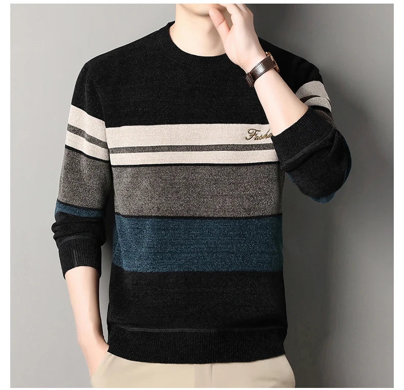 Pull en chenille pour homme, pull en tricot à rayures, haut d'automne et d'hiver, col rond, tricoté