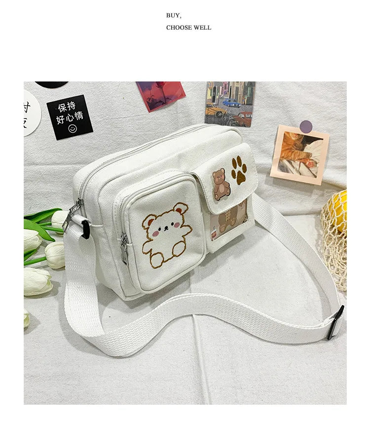 Canvas Small Bag Japanese ins Women Shoulder Bag Cute Funny Personality Embroidery Bear Girl Student Transparent Messenger Bag