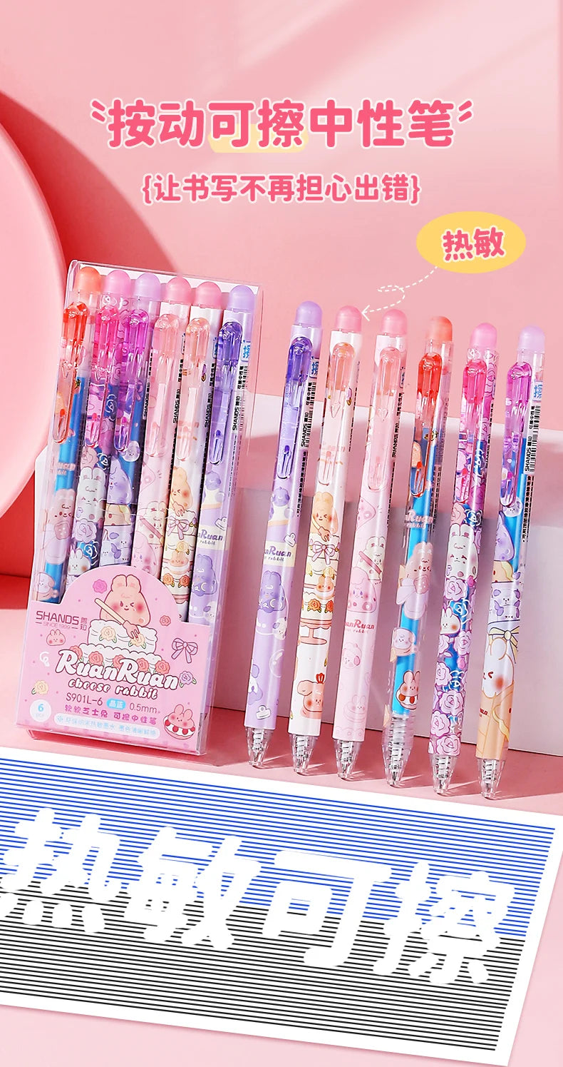 6pcs Set ,Magic Erasable Ballpoint Pen, Retractable Gel  Pen with Thermosensitive Ink, Bullet Nib,  Cartoon Designs