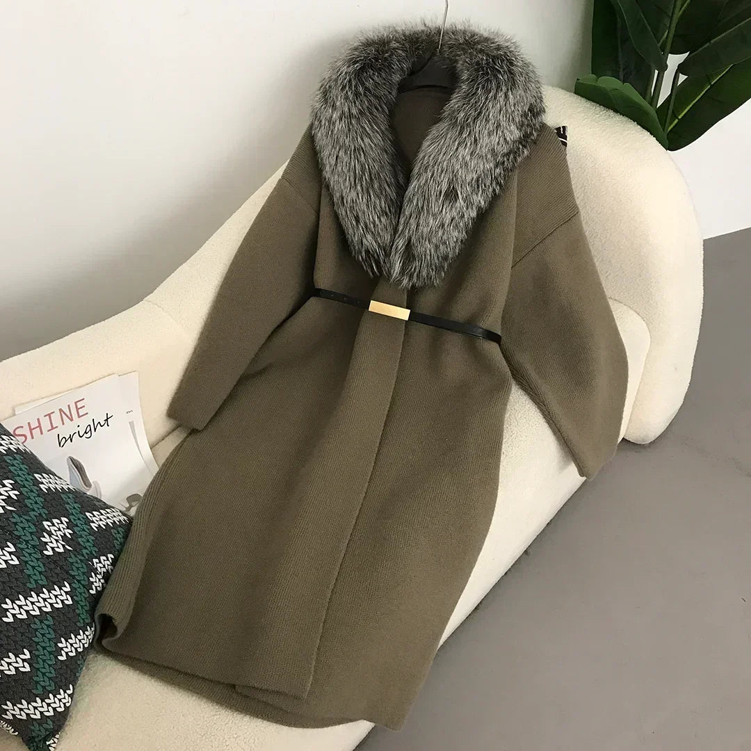 2024 Natural Fox Fur Collar Jacket Spring Autumn Real  Sweater Fur Coat Women Belt Long Loose Thick Warm Outerwear Knitting Coat