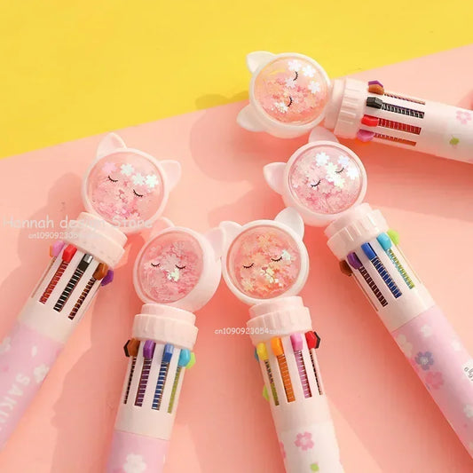 Girlish Cartoon Flash Drilling Cat Colorful Sugar Ballpoint Pen with Multi-colored Pen Push Type School Students Pen 10 Colors