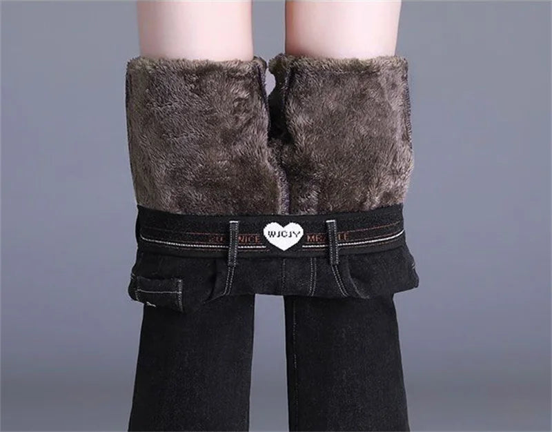 Winter Plush Velvet Lined Flare Denim Pants Skinny Casual Warm Thicken High Waist Women Jeans Snow Wear New Stretch Vaqueros