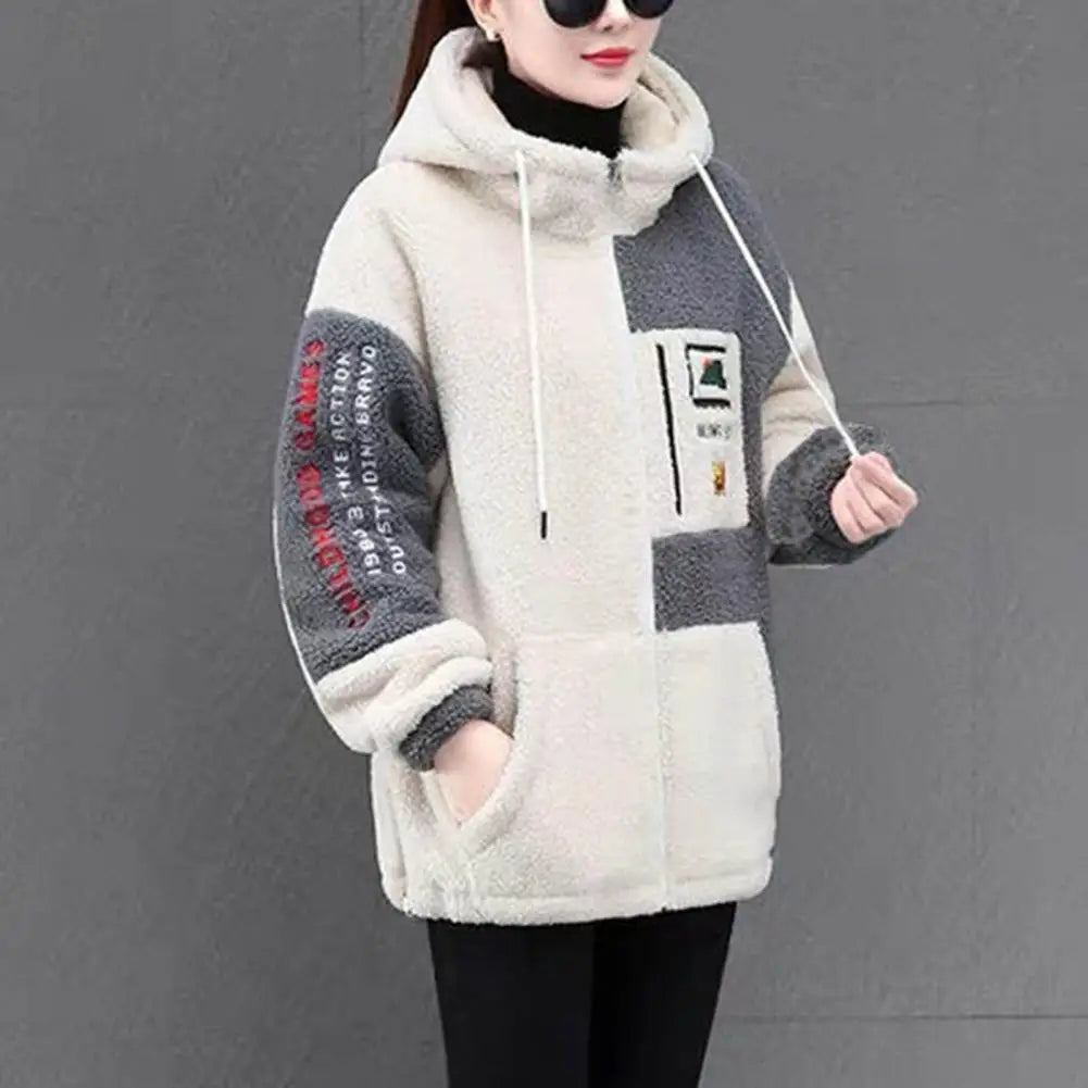 Zipper Closure Lady Coat Women Lightweight Jacket Cozy Hooded Colorblock Jacket Plush Embroidered Stylish Winter Coat for Women