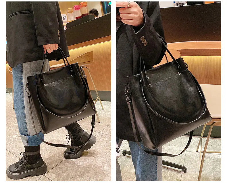 100% Genuine Leather Women Tote Bag Large Capacity High Quality Cowhide Women's Shoulder Bags Wrinkled Opening Fashion Handbag