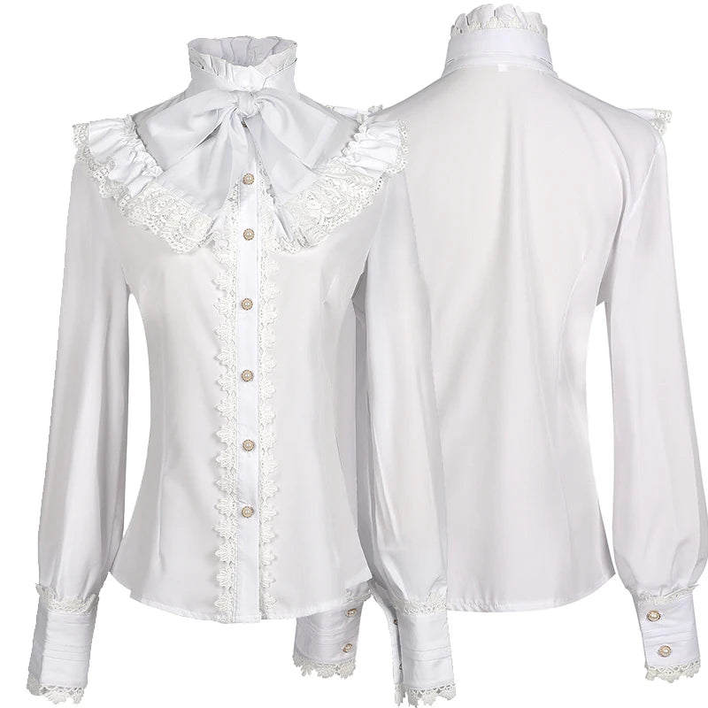 Chemise à manches longues gothique rétro à manches longues en dentelle à volants et col en nœud Lolita Chemise blanche à boutons victorienne Chemise de bureau