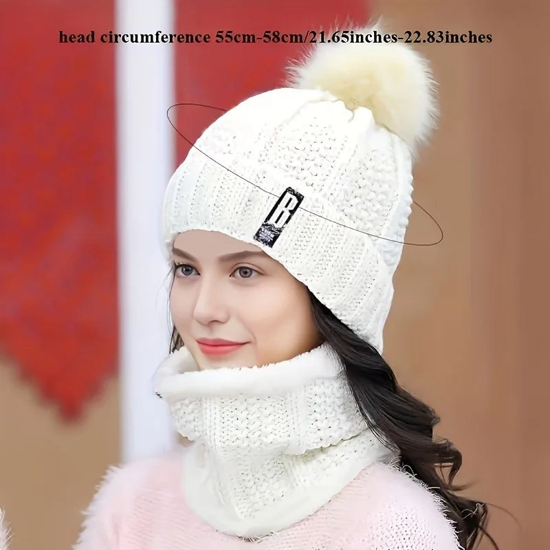 2PCS winter warm knit hat set Winter hat thick plush windproof cold casual warm hat scarf