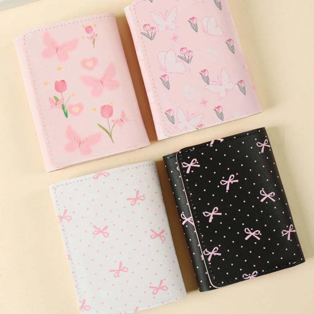 Cute Flower Bow Wallet Women Sweet Pink Three Fold Purse Card Holder for Girl Portable Travel Cash Coin Pouch Photo Card Bag