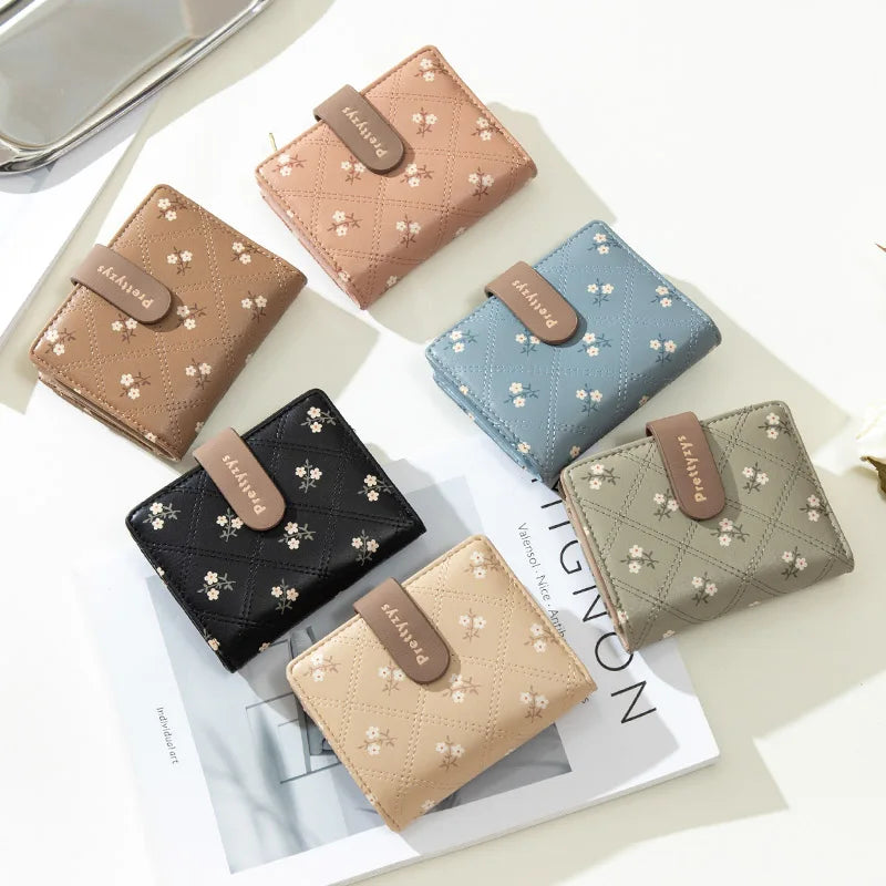 Women's Short Wallet Floral Printed PU Card Holder Fashion Small Tri-fold Coin Purse Card Cash Storage Pouch