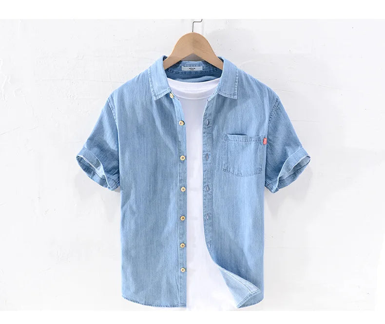 Men Denim Shirt , Thin Summer Half Sleeve Casual Top, Loose Trendy Handsome Short Sleeve ，Camping Denim Short Sleeve Jacket