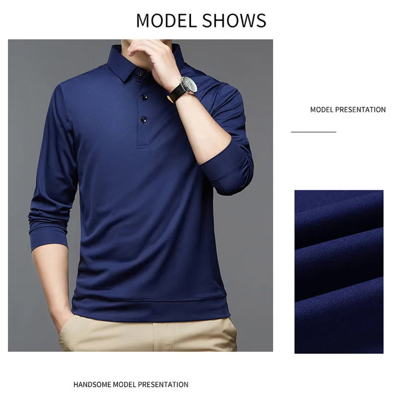 Fashion Men New Business Solid Polo Shirts Spring Autumn Thin Long Sleeve Button Lapel Male Clothing Loose Casual T-Shirt Tops