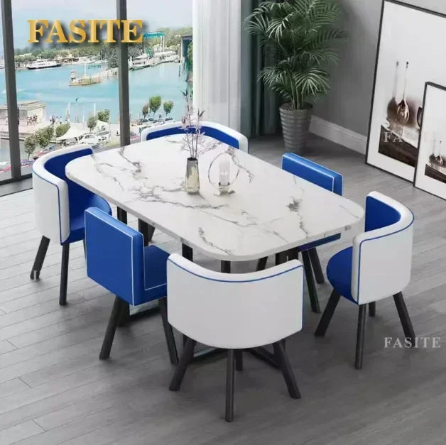 New 2024 Modern Marble Top White Classic Dining Table Living Room With 6 Chairs Set