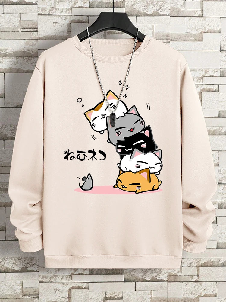 Cute Stacked Cats Sleep Clothing Man Hoody Hip Hop O-Neck Sweatshirts Vintage Casual Loose Hoodies Autumn New Loose Clothes