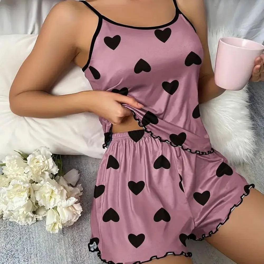 Women Satins Pajamas Set Cute Sexy Soft Cozy Thin Type Casual Printed Camisole Sleepwear With Shorts For Home Wear Daily Wear