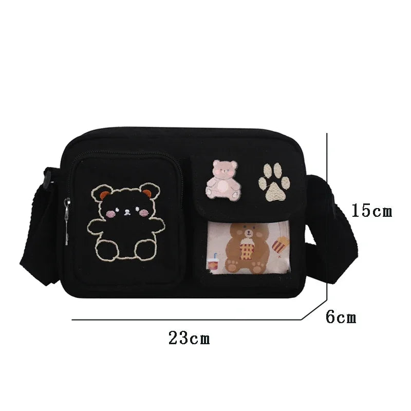 Canvas Small Bag Japanese ins Women Shoulder Bag Cute Funny Personality Embroidery Bear Girl Student Transparent Messenger Bag