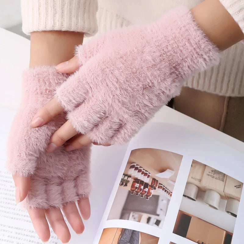 Plush Fingerless Gloves Female Winter Mitten Soft Warm Student Women Gloves Outdoor Write Mink Gloves Thickened Cold Protection