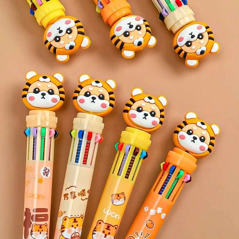 10 Colors Kawaii Tiger Ballpoint Pen 0.5mm Colorful Ink Mechanical Gel Pens Press Pens Korean Stationery School Office Supplies