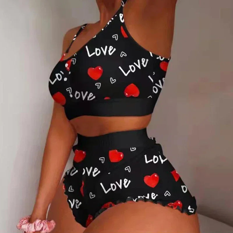 Women Sleepwear Lips Butterfly Print Home Suspended Pajamas Set Vest Bra Top Short Nightwear Lingerie Women's Nightgown