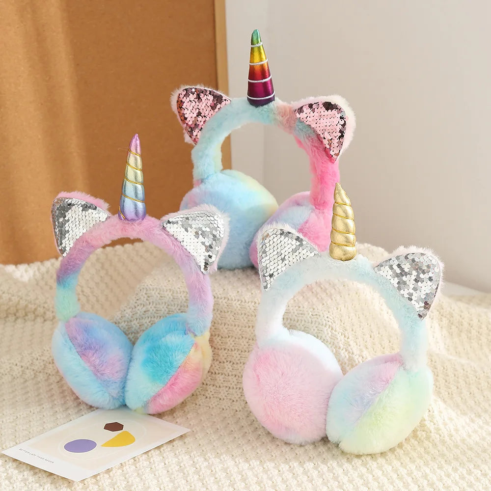 Cute Unicorn Earmuffs Children Kids Cat Ears Lovely Ear-Muffs Cover Warmer Plush Headband Fur Headphones Winter Fluffy Earflap