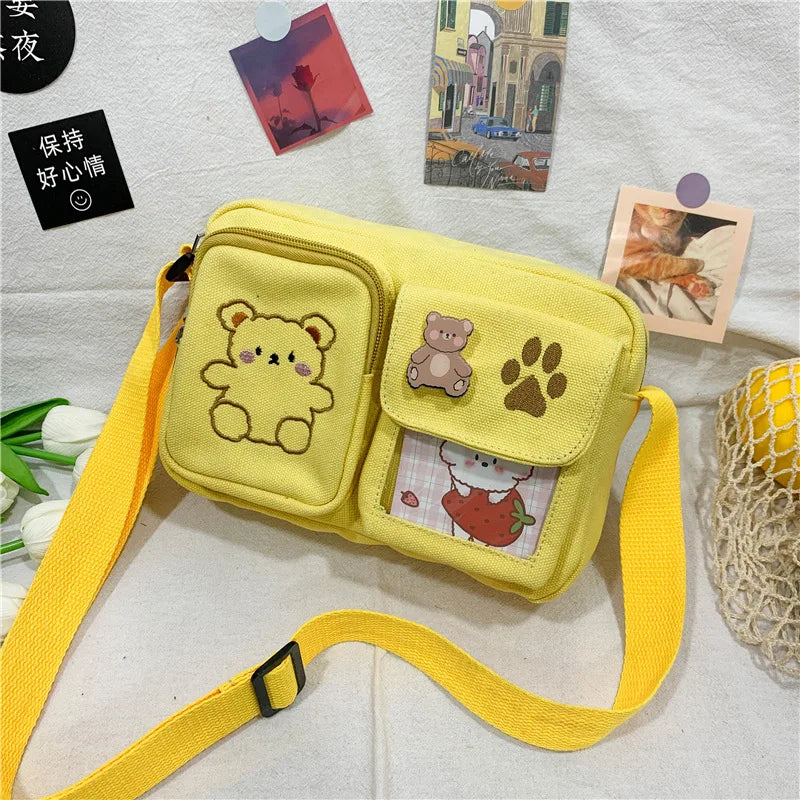 Canvas Small Bag Japanese ins Women Shoulder Bag Cute Funny Personality Embroidery Bear Girl Student Transparent Messenger Bag