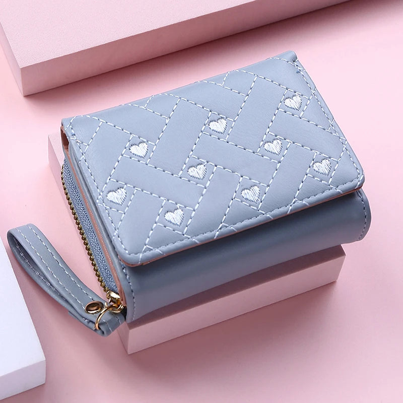 Women's Wallet For PU Leather Fashion Embroidered Love Tri-fold Small Wallet Card Holder Multi-card Slot Coin Purses