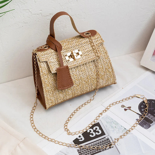 New Straw Woven Shoulder Crossbody Bag Beach Clutch Handbag Casual Summer Handmade Chain Bags for Women Totes Purse