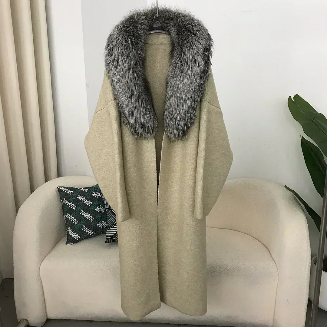 2024 Natural Fox Fur Collar Jacket Spring Autumn Real  Sweater Fur Coat Women Belt Long Loose Thick Warm Outerwear Knitting Coat