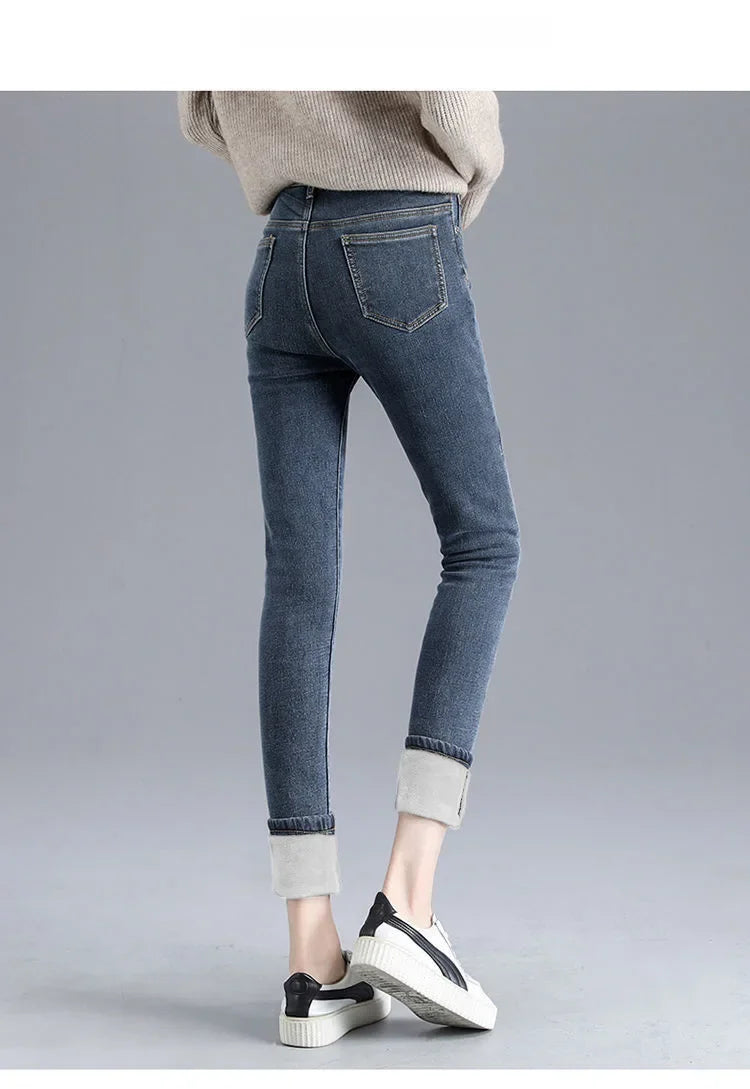 Fleece-lined Thickened High-waisted Women's Jeans Slimming Autumn/winter Versatile Thickened Denim Pants