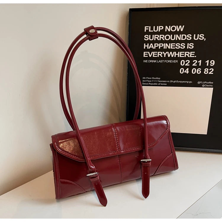 High End Burgundy Oil Wax Leather Underarm Bag Elegant Women's Magnetic Buckle Shoulder Bag Commuter Versatile Ladies Tote Bags